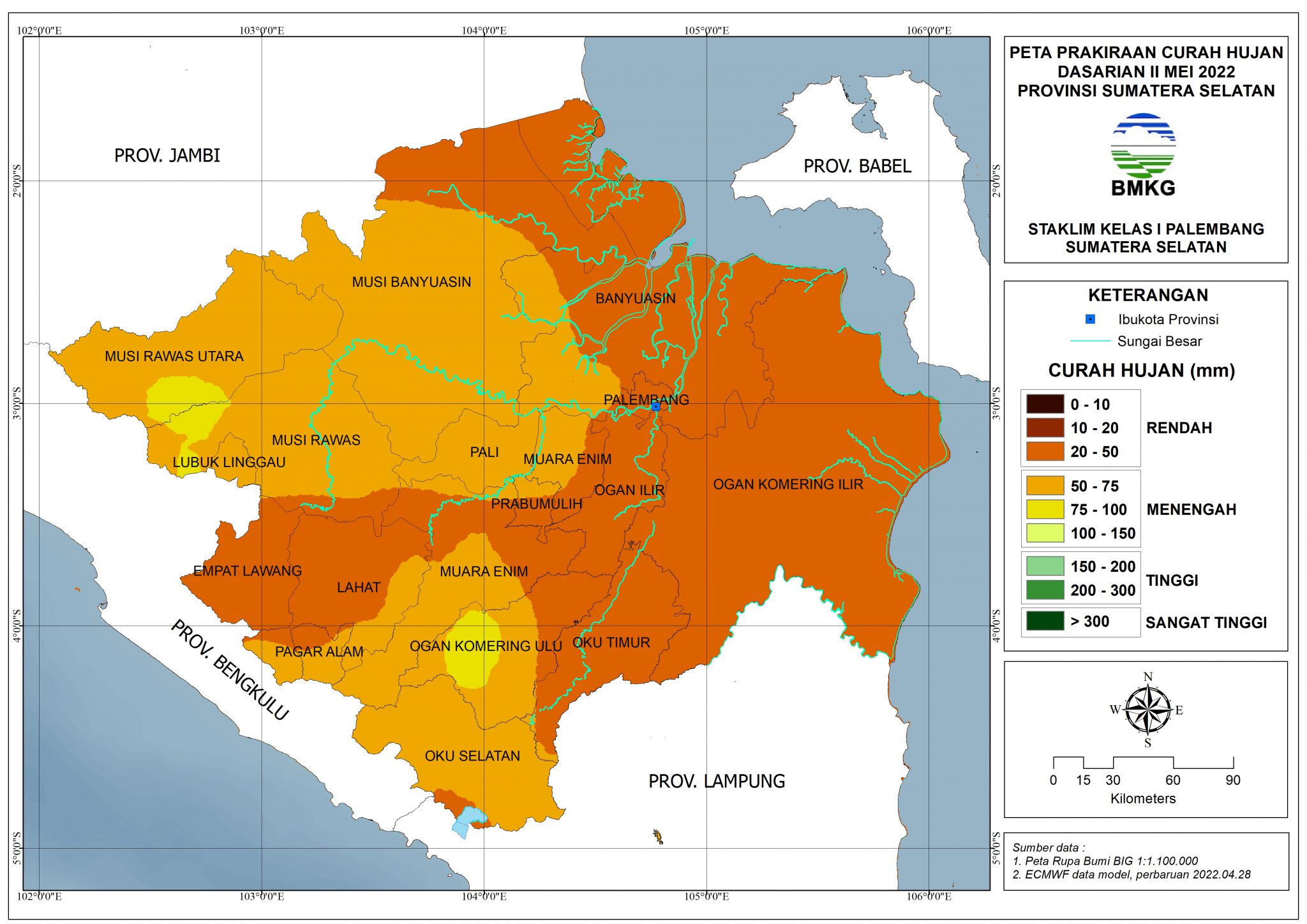 Prakiraan Curah Hujan Dasarian II Mei 2022 Rendah (0-50 mm): Musi Banyuasin...